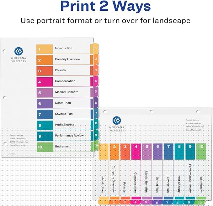 Avery 10 Tab Dividers for 3 Ring Binders, Customizable Table of Contents, Multicolor Tabs, 6 Sets (11188)