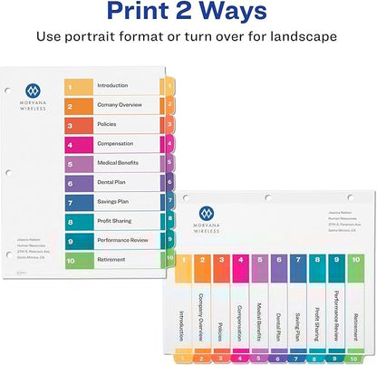 Avery 10 Tab Dividers for 3 Ring Binders, Customizable Table of Contents, Multicolor Tabs, 6 Sets (11188)