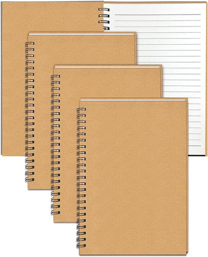 GINMLYDA 4Pack Small Spiral Notebook A5, 8.25x5.5” 120 Lined Pages Wide Ruled Spiral Journal Bulk Blank Kraft Cover Spiral Bound Notebook & Writing Pads for Home Office Meeting Work Note Taking