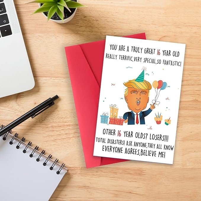 Funny Trump 16th Birthday Card for Him Her, Humorous Donald 16th Birthday Card Gift for Son Daughter, 16 Year Old Birthday Decoration for Niece Nephew