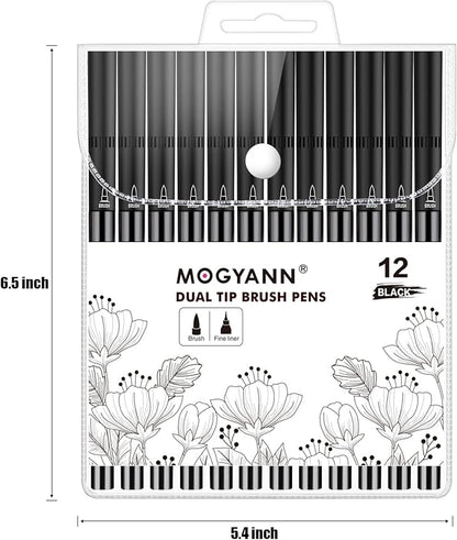 Mogyann Drawing Pens, 12 Pack Dual Brush Pens Black Markers for Art Drawing Sketching