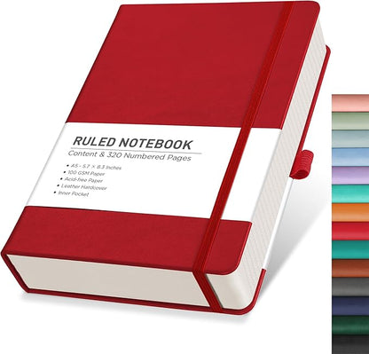 RETTACY Journaling Notebooks, A5 Lined Notebook Journal with 320 Numbered Pages, 5.7'' × 8.3'', Medium Size, Journal Notebook for Writing, Work, Leather Hardcover, 100 GSM Thick Paper (Red)