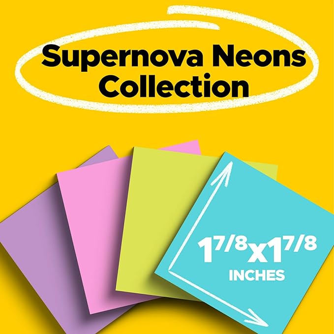 Post-it Super Sticky Notes, 8 Sticky Note Pads, 1.875 x 1.875 in., School Supplies, Office Products, Sticky Notes for Vertical Surfaces, Monitors, Walls and Windows, Supernova Neons Collection