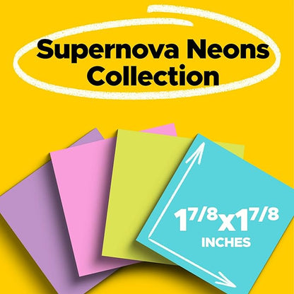 Post-it Super Sticky Notes, 8 Sticky Note Pads, 1.875 x 1.875 in., School Supplies, Office Products, Sticky Notes for Vertical Surfaces, Monitors, Walls and Windows, Supernova Neons Collection