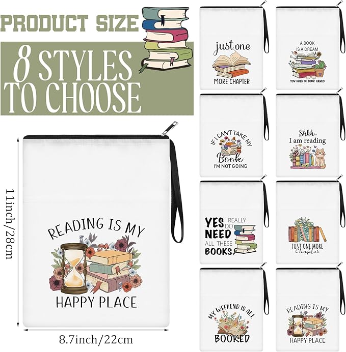 8 Pcs Christmas Book Club Gifts Book Lovers Sleeves Bulk with Zipper and Pocket Book Sleeve Pouch for Book Lovers Librarian Bookish Club Gifts, 11 x 8.7 Inch(Book,Flower)