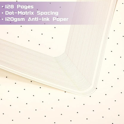 Dotted Journal/Notebook - Dot Grid Hard Cover Notebook, Premium Thick Paper with Fine Inner Pocket, Black Smooth Faux Leather, Pen Loop, 5.3'' x 8.26'' - Macaron Purple