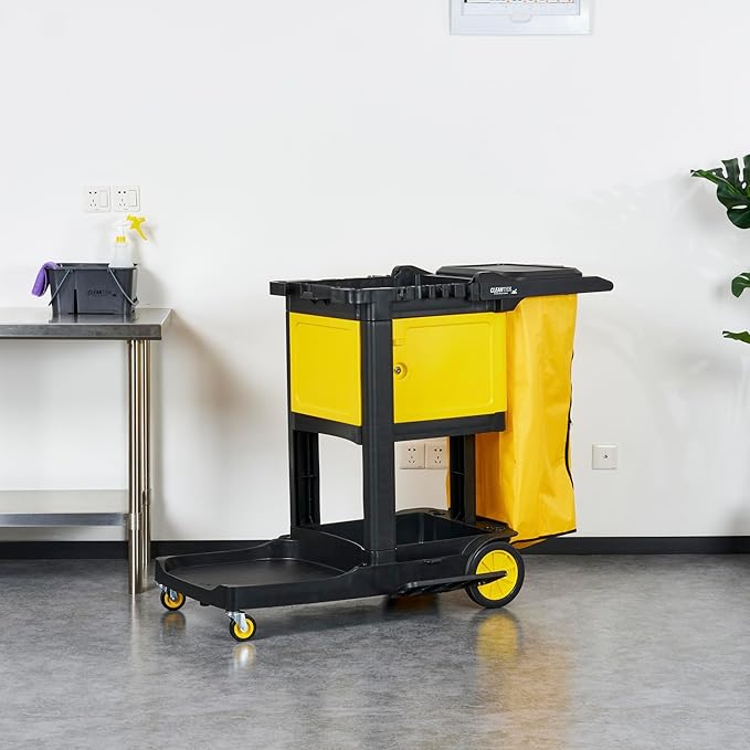 Restaurantware-Clean Tek Professional 3-Shelf Janitor Cart with Wheels, 1 Cleaning Trolley with Cover and 21 Gallon Bag - Includes 1 Single Locking Cabinet, Heavy-Duty, Gray Plastic Janitorial Cart