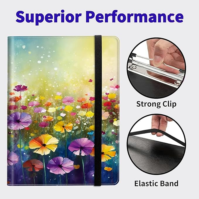 Wildflower PU Leather Padfolio Clipboard Notepad with Pen Loop and Elastic Strap Interview/Resume Document Organizer for Business School Office