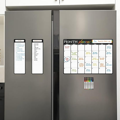 Magnetic Dry Erase Monthly Calendar - 17"x12" Monthly Calendar for Fridge - 4"x12" List Board 2 Pcs - 6 Extra Fine Point Markers Included - Shipped Flat