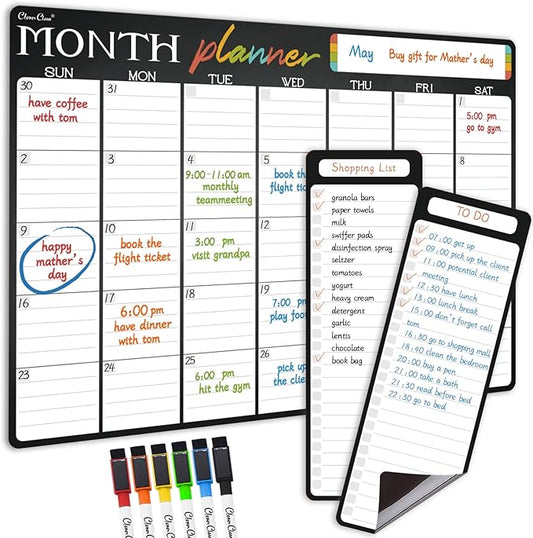 Magnetic Dry Erase Monthly Calendar - 17"x12" Monthly Calendar for Fridge - 4"x12" List Board 2 Pcs - 6 Extra Fine Point Markers Included - Shipped Flat