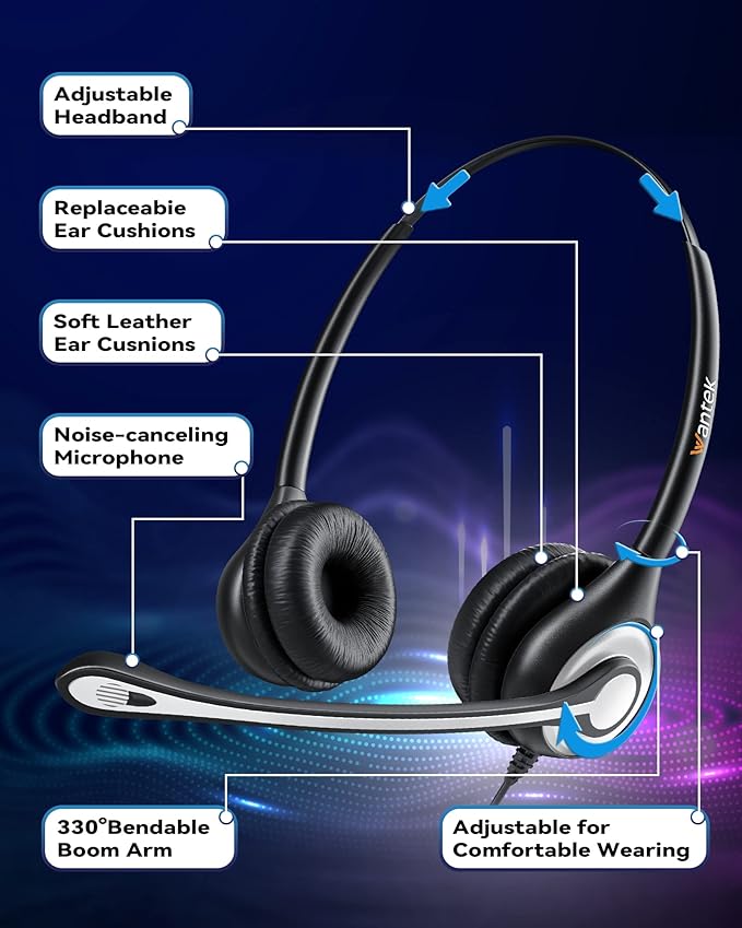 Wantek Corded Telephone Headset Mono w/Noise Canceling Mic for Avaya Aastra Allworx Adtran Alcatel Lucent AltiGen Comdial Digium Gigaset InterTel Mitel Plantronics MiVoice Landline Deskphones