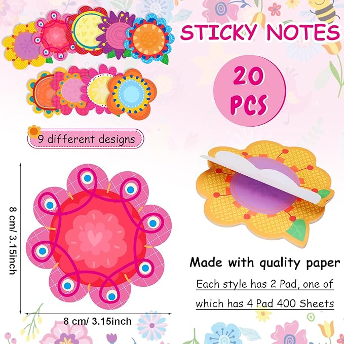 Geyee 40 Pcs Flower Theme Sticky Notes and Pens Set, Floral Memo Pads Colorful Flower Ballpoint Pens Foral Party Gift Supplies for Student Classroom School Theme Birthday Party Gift Favors
