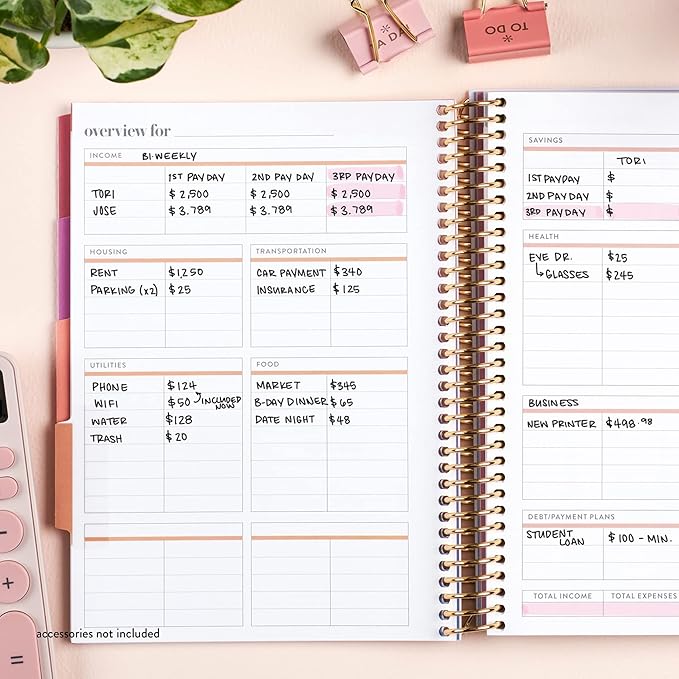 A5 Coiled 12 Month Calendar Budget Book & Financial Budget Tracker. Debt Track, Expense Planner, Spending Summary With Stickers & Quote Sheet by Erin Condren