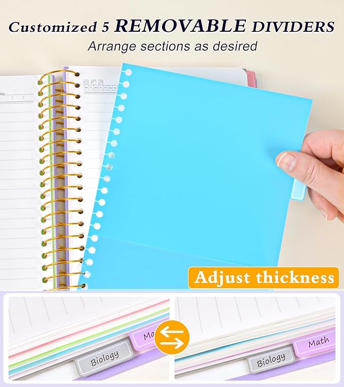 5 Subject Notebook College Ruled with Removable Pocket Dividers Tabs, 240 Pages Spiral Notebook 8.5 x 11, Lined Journal Notebook for Women , Hardcover Notebooks for Work School Note taking A4 Purple