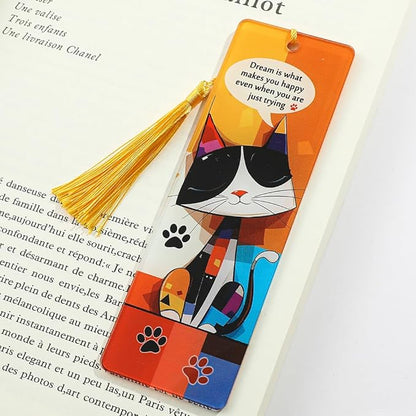 1pc Cute Pet Cat Tassel Bookmark - Acrylic Bookmarks for Book Lovers, Gifts for Teachers Students Reading Markers Ideal Gift for Back to School Season (Yellow Fringe)