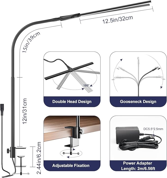 Kintion Desk Lamps for Home Office, 12W Flexible Gooseneck Smart Lighting, Ultra-Bright Extra-Wide Task Light, Study Light, Architectural Light with Clip