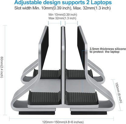Aluminum Dual Vertical Laptop Stand Dock Holder, Supports 2 Devices, Adjustable Slot Width 15-36mm, Space-Saving Upright Storage for MacBook and Laptops
