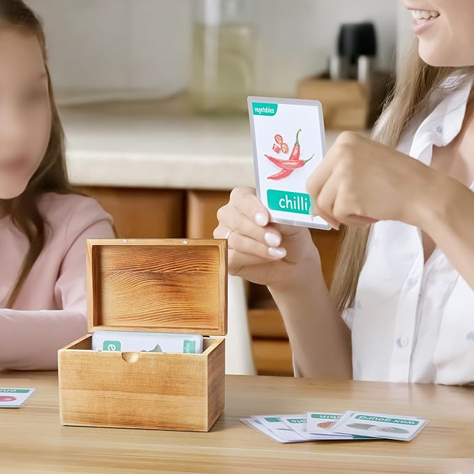 DRASTAR Wooden Index Card Organizer, 3x5 Index Card Box with 45 Dividers, Flashcard Notecard Holders for Home Office, Brown