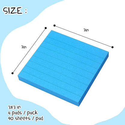 Lined Sticky Notes 3x3 Sticky Notes with Lines Self-Stick Notes Bright Color 4 Pads 90 Sheets/Pad (Blue)