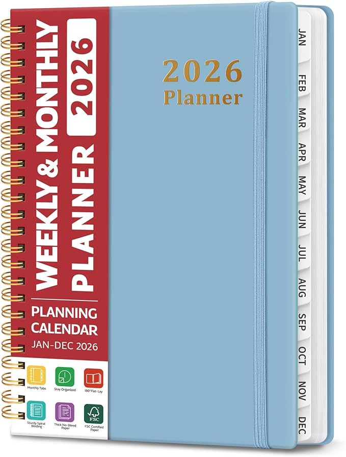 2026 Planner, Weekly and Monthly Calendar Planner, January 2026 - December 2026, Hardcover 2026 Calendar Planner Book with Tabs For Women & Men, Inner Pocket, Spiral Bound, Perfect for Office Home School Supplies - A5 (6.3" x 8.5"), Blue