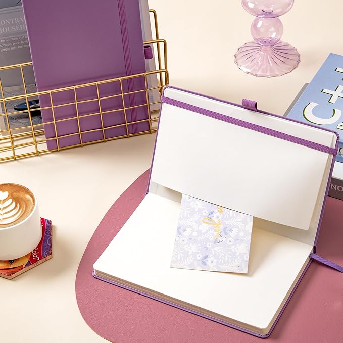 Dotted Journal/Notebook - Dot Grid Hard Cover Notebook, Premium Thick Paper with Fine Inner Pocket, Black Smooth Faux Leather, Pen Loop, 5.3'' x 8.26'' - Macaron Purple