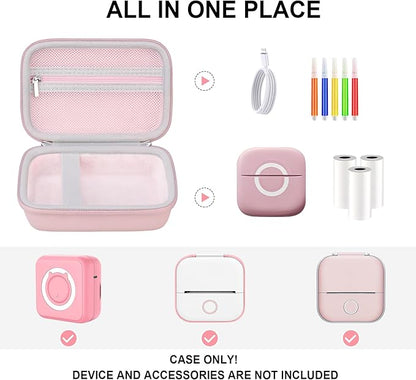 Hard Travel Case for Cabaro Mini Printer Sticker Thermal Printer, Bluetooth Portable Phone Printer Storage Holder Protection Case with Zipper Mesh Pocket fit Rolls Paper, Charging Cable, Pink
