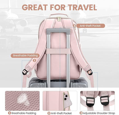 LOVEVOOK Leather Backpack for Women,15.6 inch Leather Laptop Backpack Women Computer Backpack Laptop Bag,Stylish Quilted Travel Backpack Purse Work Bag College Teacher Backpack with USB Port,Rose Pink