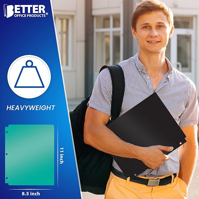 Better Office Products 3 Hole Punch Pocket Folders, Bulk Pack, Sturdy Plastic 2 Pocket Folders, Assorted Primary Colors, Letter Size, with Business Card Slot,(12 Pack)