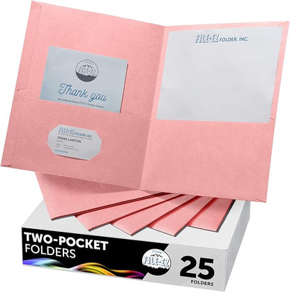 FILE-EZ Two-Pocket Folders, Pink Color, 25-Pack, Durable Textured Paper with Matte Finish, Letter Sheet Size (EZ-32590)