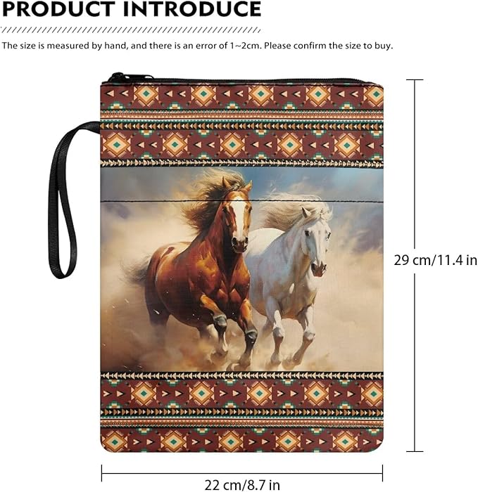 COEQINE Aztec Horse Book Covers Kids Hardcover Book Cover with Pockets Western Animal Book Sleeves with Pocket Book Organizer Pouch with Chain Portable