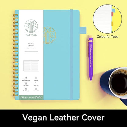 Alltree Lined Journal Notebook, Spiral Notebook for Work, Hardcover Spiral Notebook with Tabs, Pen Loop, Pocket, Stickers, 160 Pages, Journal for Women & Men, Sky Blue(6"x8.5")