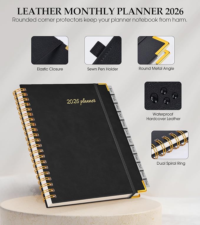 2026 Planner, Weekly and Monthly Calendar Planner from January 2026 - December 2026, 5.75" x 8.38" Hardcover Leather Hourly Appointment Book with Tabs, A5 Spiral Daily Planners for College School Work Home, Black