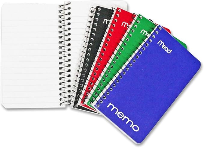 Mead Memo Pads, 8 Pack, Lined College Ruled Paper, Pocket Notebook, Small Spiral Notebooks for Home Office Accessories, School Mini Note Pads, 60 Sheets, 5" x 3", Blue, Black, Red, Green (73605)