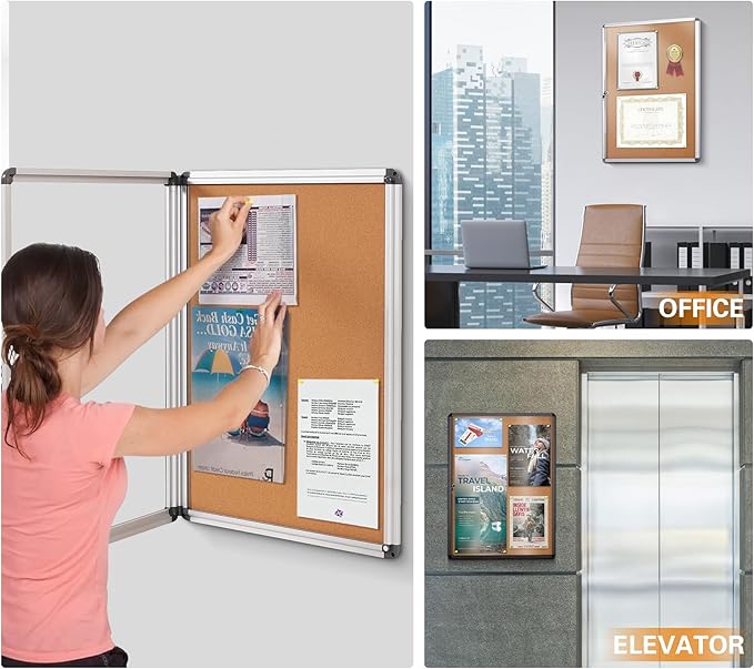 SWANCROWN Enclosed Bulletin Board Tamper-Proof Cork Noticeboard Secure Information Board with Acrylic Door 26x20inch (4xA4)