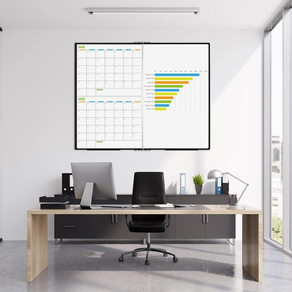 JILoffice Magnetic Foldable Dry Erase Calendar Whiteboard Combo, 2 Month Calendar Board & White Board 60 X 48 Inch, Black Aluminum Frame Wall Mounted Board for Office Home and School