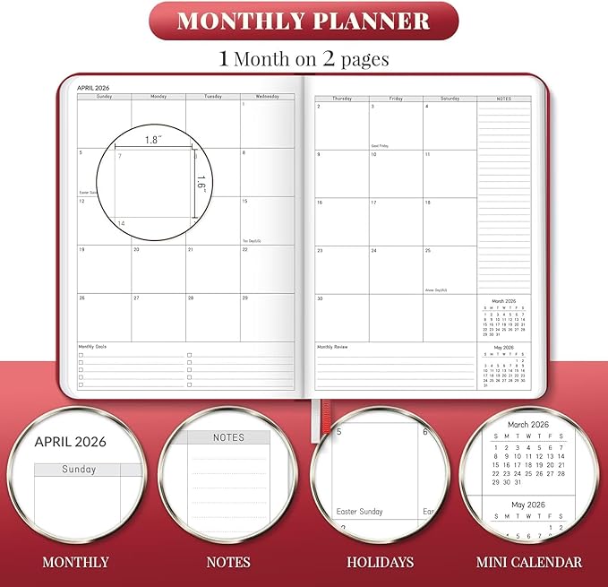2026 Planner, Large Weekly and Monthly Planners, A4 Faux Leather Daily Calendar 2026 Planner, 12 Month Agenda from Jan. to Dec., Hardcover Habit Tracker Journal(Red)