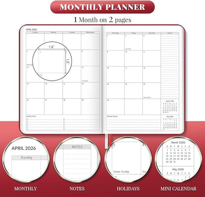 2026 Planner, Large Weekly and Monthly Planners, A4 Faux Leather Daily Calendar 2026 Planner, 12 Month Agenda from Jan. to Dec., Hardcover Habit Tracker Journal(Red)