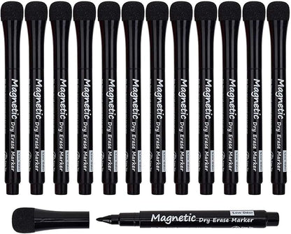Magnetic Dry Erase Markers - Fine Tip, Black Color, 12 Pack, Low Odor Whiteboard Markers for Kids & School, Work On White board & Calendar, Refrigerator