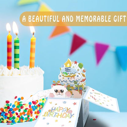 3D Pop Up Persian Cat Birthday Card, Fun Birthday Card for Women, Press the Power Button to Play 'Happy Birthday' Song