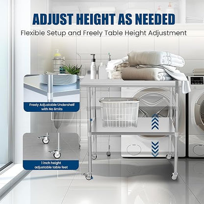 Stainless Steel Table with Wheels 30 x 36 Inches Metal Prep Table with Backsplash & Adjustable Undershelf, Stainless Table for Commercial Kitchen, Outdoor, Restaurant, Hotel & Garage