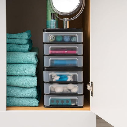 IRIS USA Plastic Stacking Desk Top 3-Drawer Storage Organizer, 2-Pack, for Makeup Vanity Nail Polish Bathroom Stationery Art Craft Supplies Kitchen Office Garage and Small Organization, Small, Black