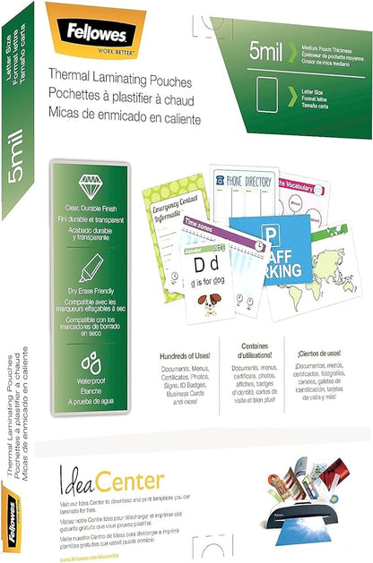 Fellowes Thermal Laminating Pouches, 5mil Letter Size Sheets, 9 x 11.5, 100 Pack, Clear (5743501)
