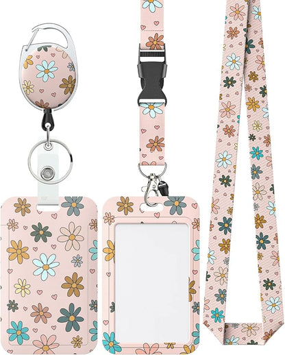 Uniclife Floral Sliding Badge Holder Colorful Flower Plastic Case with Retractable Badge Reel Carabiner Clip and Detachable Lanyard Strap Fashionable Vertical Card Protector for Women Teacher Student