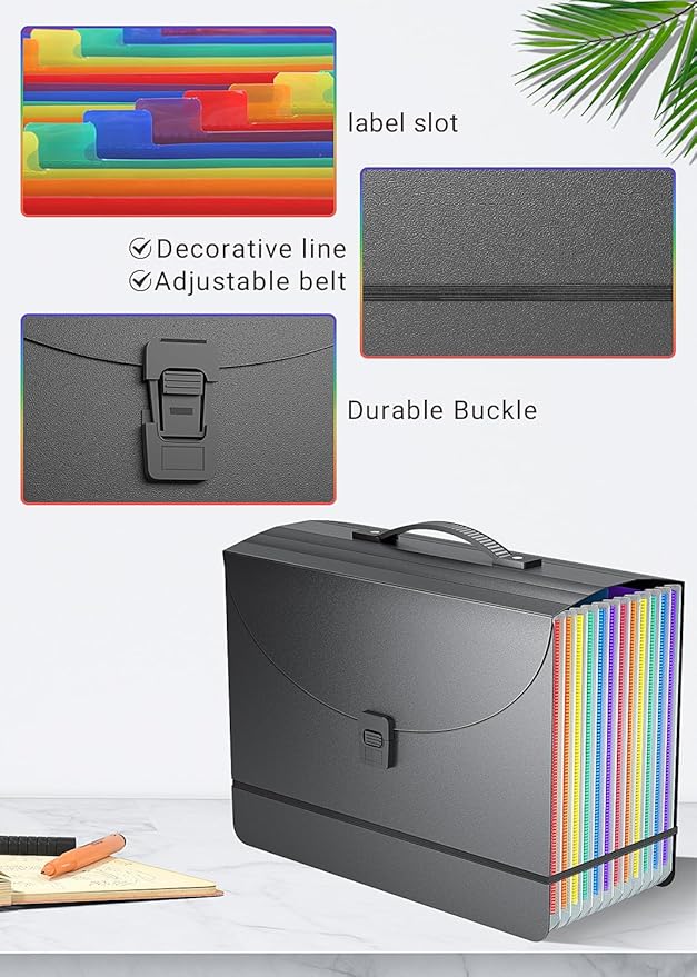 Accordion File Organizer/Expanding File Folder with Handle,13 Pockets Filing Box,Perfect for Desk top Stand/Portabe Document Paper Organizer,A4/Letter Size,Colored Monthly/Blank Tabs,Black Matte