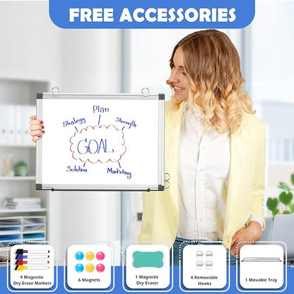 WALGLASS Double-Sided White Board, 16" x 12" Small Dry Erase Board Magnetic Whiteboard for Wall, Hanging Mounted Whiteboard Silver Aluminium Frame for Home, School, Office, Kitchen