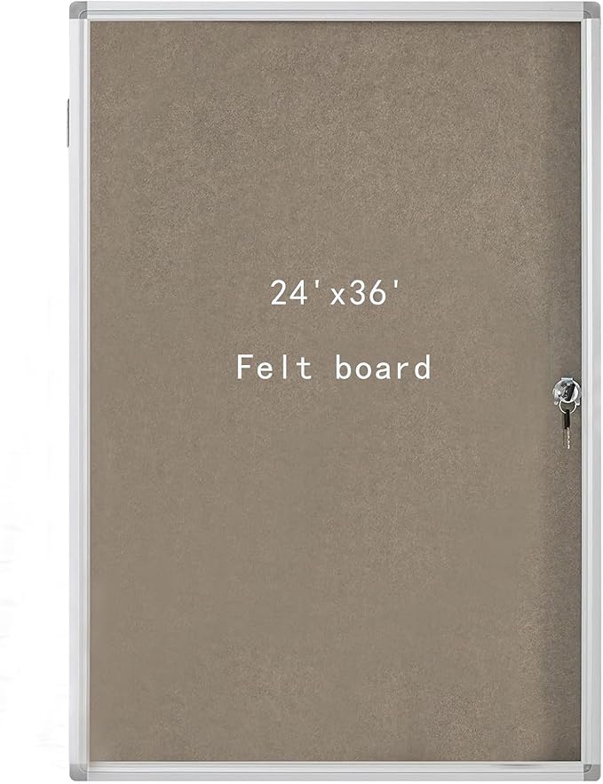 Lockable Waterproof Gray Bulletin Board with an Aluminum - Framed Comes with Mounting Screws. Perfect for School Classrooms and Offices. Wall - Mount it to Display Pictures 36x24 Inches (Felt Board)