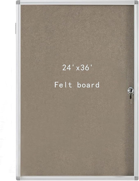 Lockable Waterproof Gray Bulletin Board with an Aluminum - Framed Comes with Mounting Screws. Perfect for School Classrooms and Offices. Wall - Mount it to Display Pictures 36x24 Inches (Felt Board)