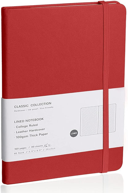 Lined Journal Notebook, (red), 160 Pages, Medium 5.7 inches x 8 inches - 100 gsm Thick Paper, Hardcover