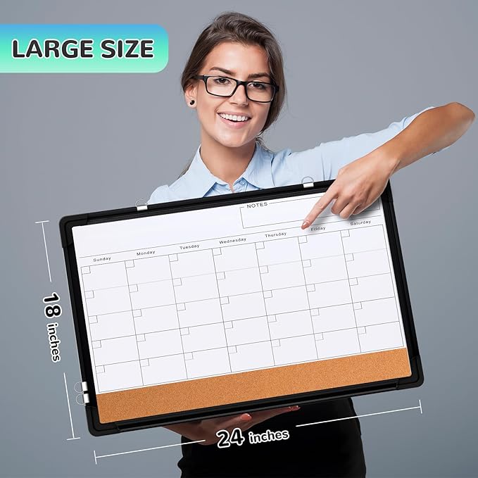 Monthly Calendar Whiteboard, 24"x18" Dry Erase Cork Board Combination for Wall, Magnetic Dry Erase Board, Double-Sided White Board, Portable Board for Office, Kitchen, Planning, Memo, School, Home