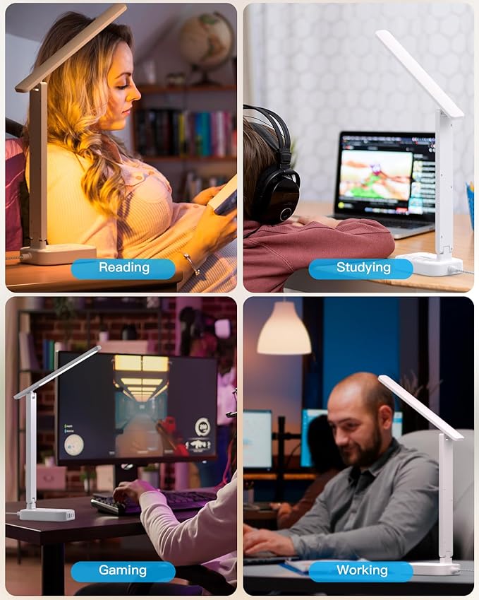 Power Strip with LED Desk Lamp, 10 Ft Extension Cord with 3 Outlets 4 USB Ports(2 USBC), 4 Modes 5 Level Touch Lamp Small Desk Lamp for Home Office, Study Reading Light, Dorm Room Essentials